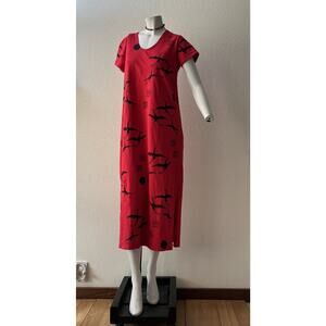 VTG COTTON FIELDS by M.Mac Midi Dress Red Asian Crane Moon Celestial Lagenlook